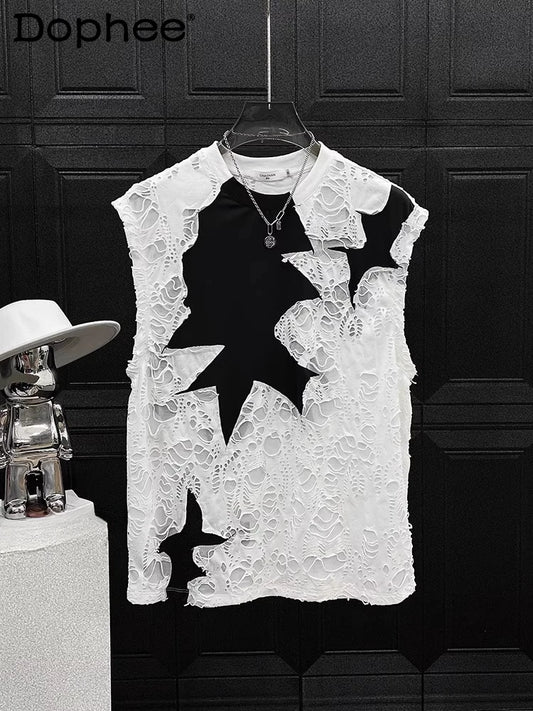 2025 Summer New Trendy Contrast Color Camiseta Masculina Personalized Hole Splicing Sleeveless Vests Men's Handsome Tank Tops