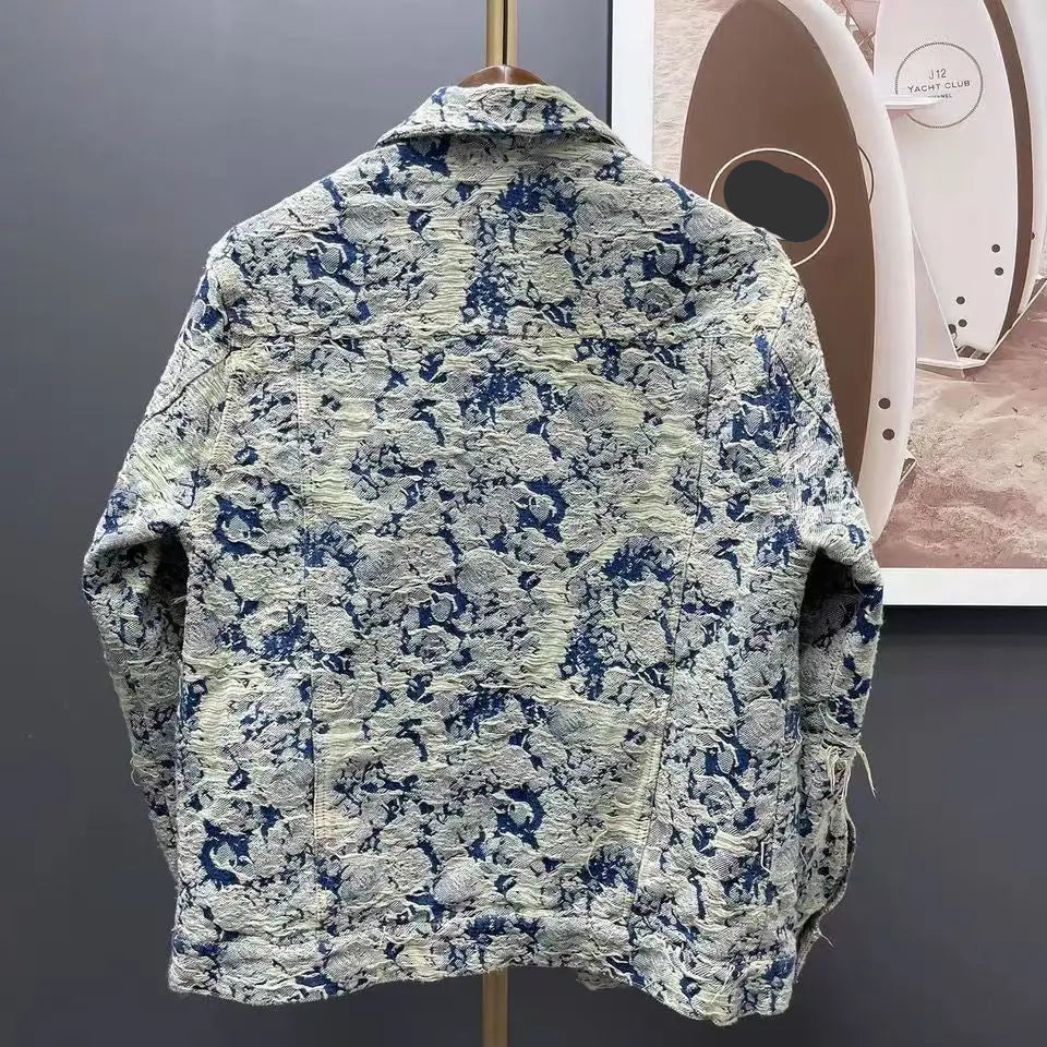 Spring new floral jacquard top ripped denim wash jacket for men and women couples loose fringe dark print jacket