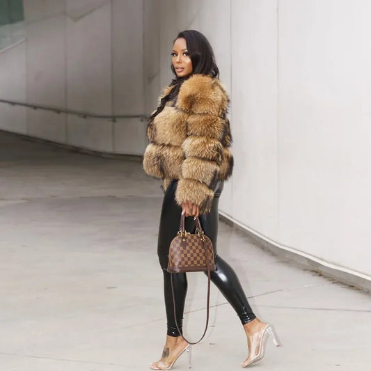 2025 Maomaokong Real Fur Coat Women Natural Raccoon Fur Jacket Female Winter Warm Fox Fur Coat High Quality Long Sleeve With Hat