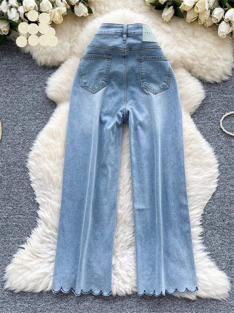 SINGREINY American Retro Denim Pants Female Zipper Buttons Design Wide Legs Trousers 2025 Fashion Embroidery Flower Solid Jeans