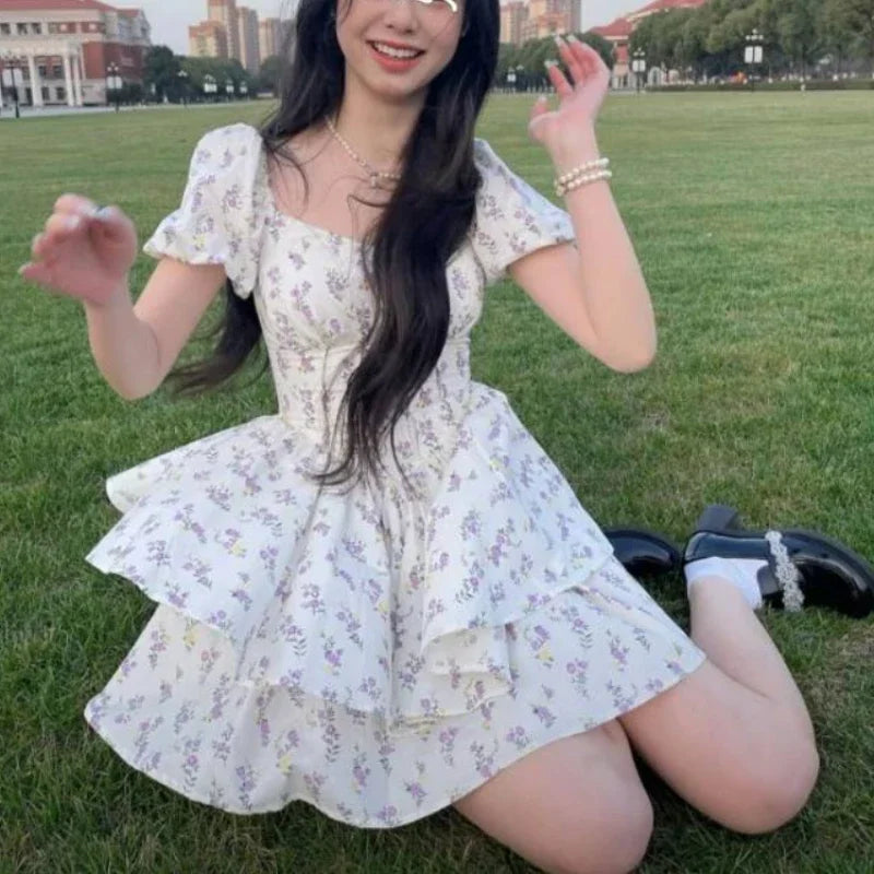 Dress Women Fashion Folds Friends Flare Sleeve Daily Slash Neck Simple Solid High Waist Elegant Korean Version Vintage Basic New