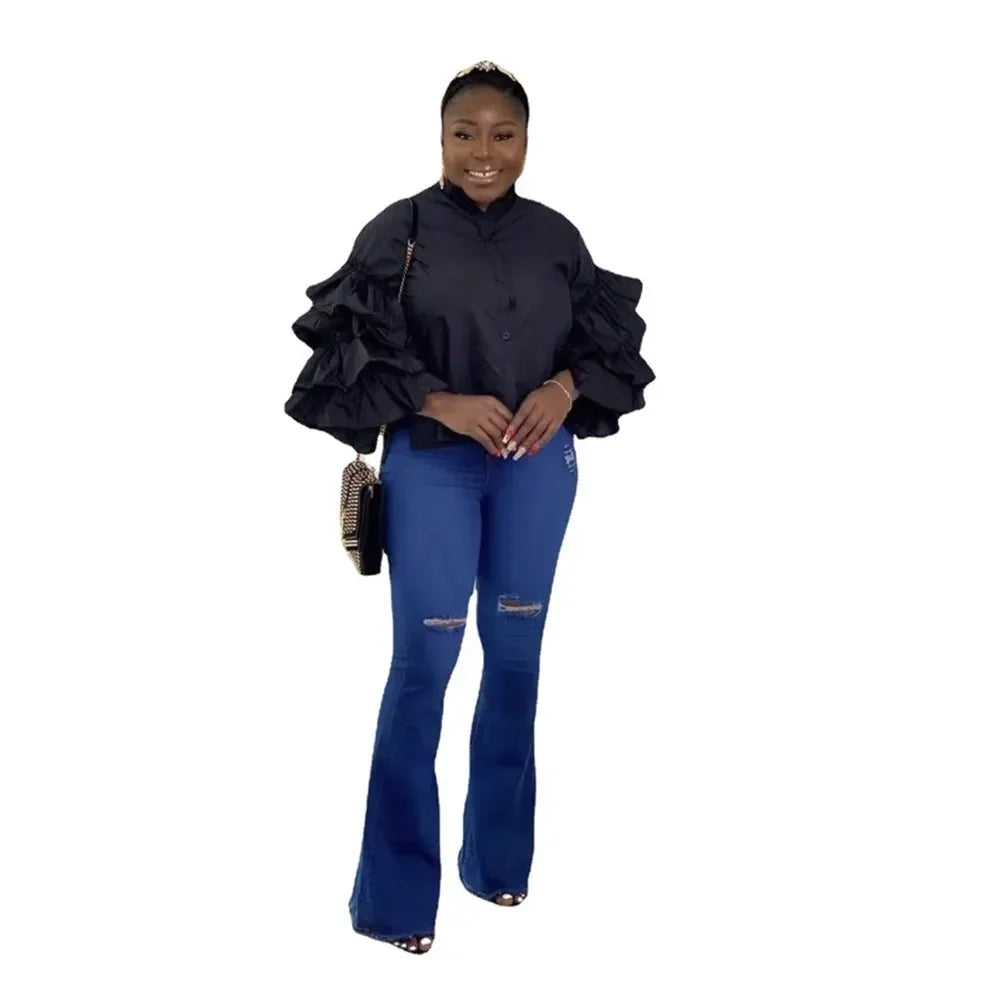 Women Shirts Solid Full Ruffles Sleeve Turn-down Collar Single Breasted Loose Shirts Office Lady Streetwear Summer Tops