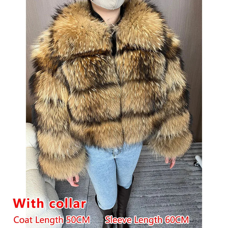 2025 Maomaokong Real Fur Coat Women Natural Raccoon Fur Jacket Female Winter Warm Fox Fur Coat High Quality Long Sleeve With Hat