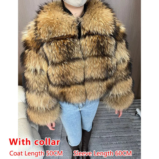 2025 Maomaokong Real Fur Coat Women Natural Raccoon Fur Jacket Female Winter Warm Fox Fur Coat High Quality Long Sleeve With Hat