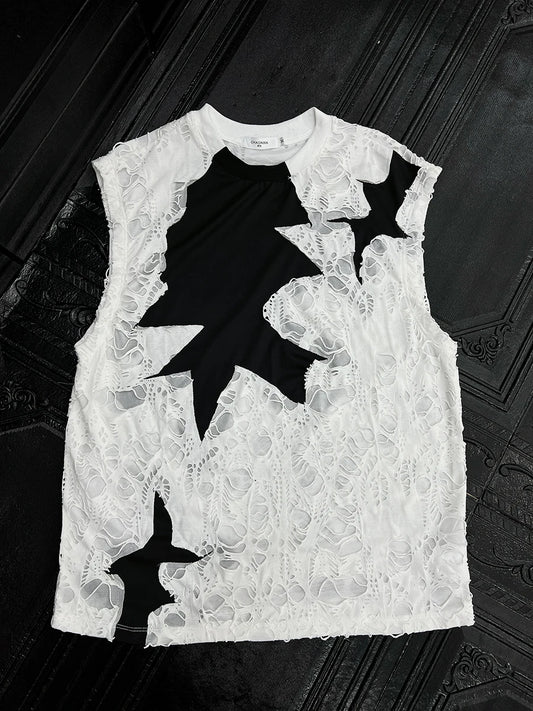 2025 Summer New Trendy Contrast Color Camiseta Masculina Personalized Hole Splicing Sleeveless Vests Men's Handsome Tank Tops