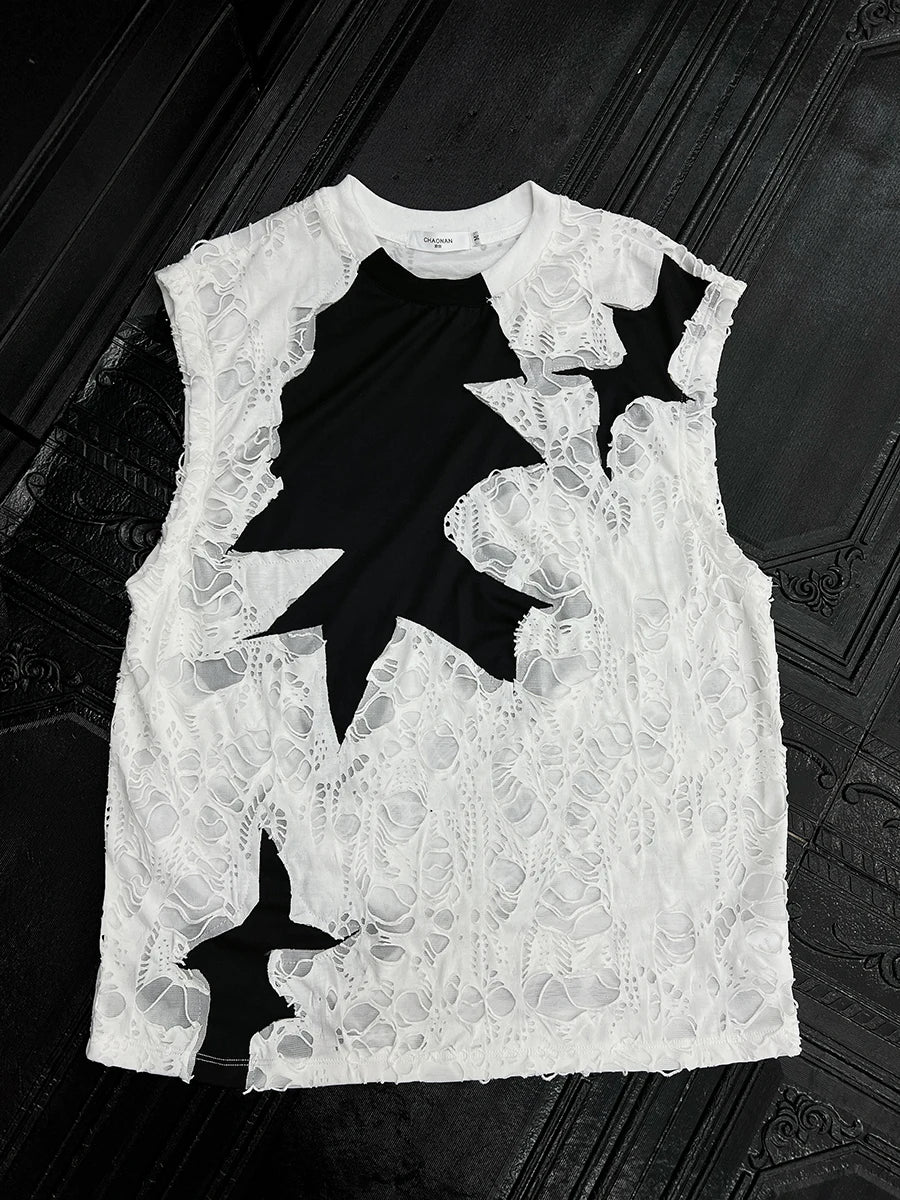 2025 Summer New Trendy Contrast Color Camiseta Masculina Personalized Hole Splicing Sleeveless Vests Men's Handsome Tank Tops