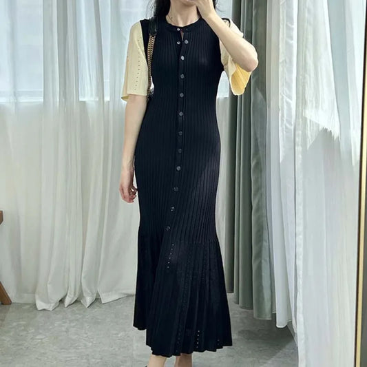 New French Elegant Fragrance High-end Slimming Knitted Mermaid Dress Hollow Slimming Fish Tail Knit Dress