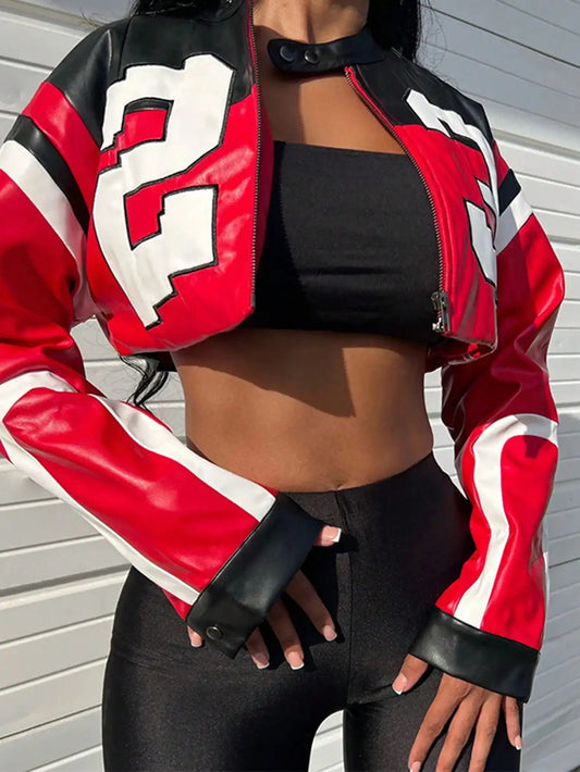 2025 Women's Faux Leather Jacket Short Red Coat Zipper Bomber Jacket  Tops Casual Outfit