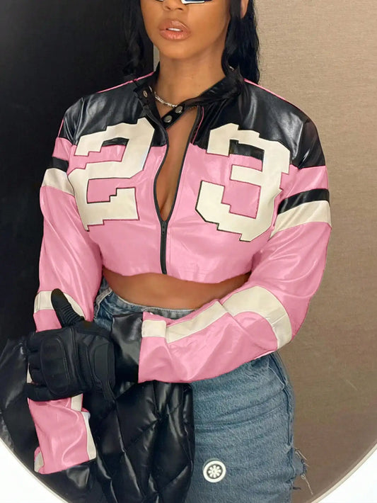 2025 Women's Faux Leather Jacket Short Red Coat Zipper Bomber Jacket  Tops Casual Outfit