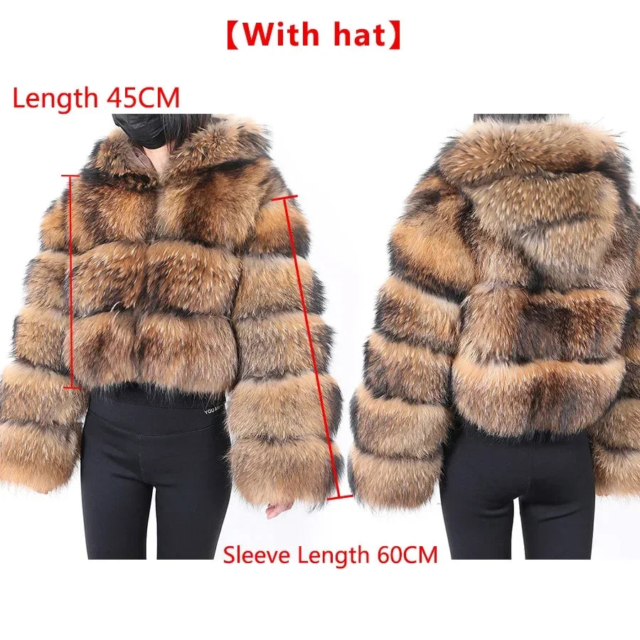 2025 Maomaokong Real Fur Coat Women Natural Raccoon Fur Jacket Female Winter Warm Fox Fur Coat High Quality Long Sleeve With Hat