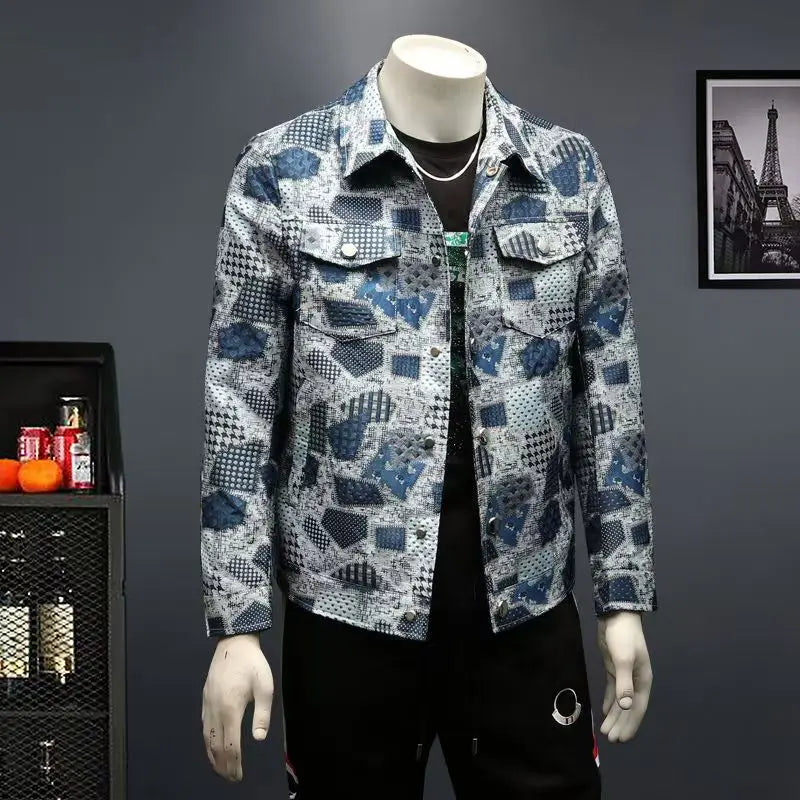 High Quality Men's Fashion Casual Jacket Button Lapel Work Coat Jacquard pattern Plaid Tops Men Jackets