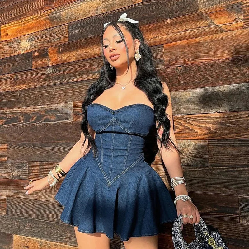 New Temperament Wrap Hip A Skirt European And American Style Sexy Bra Imitation Denim Dress For Women