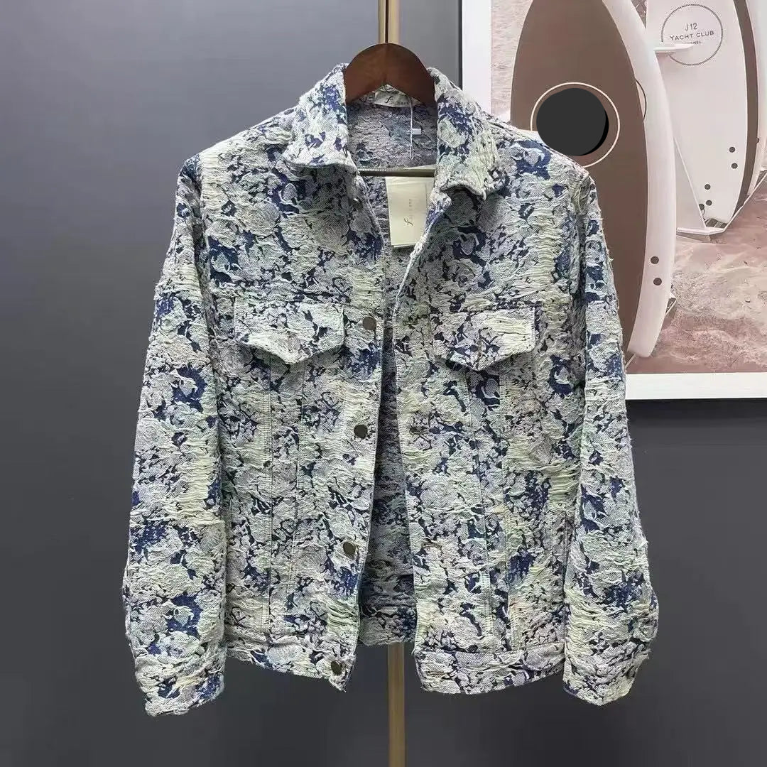 Spring new floral jacquard top ripped denim wash jacket for men and women couples loose fringe dark print jacket