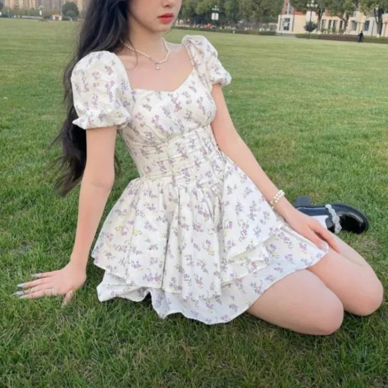 Dress Women Fashion Folds Friends Flare Sleeve Daily Slash Neck Simple Solid High Waist Elegant Korean Version Vintage Basic New