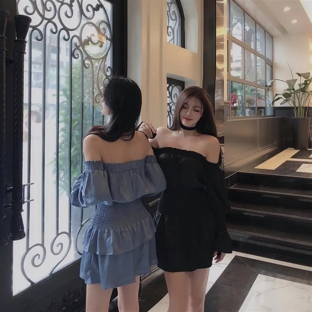 Dress Women Fashion Folds Friends Flare Sleeve Daily Slash Neck Simple Solid High Waist Elegant Korean Version Vintage Basic New