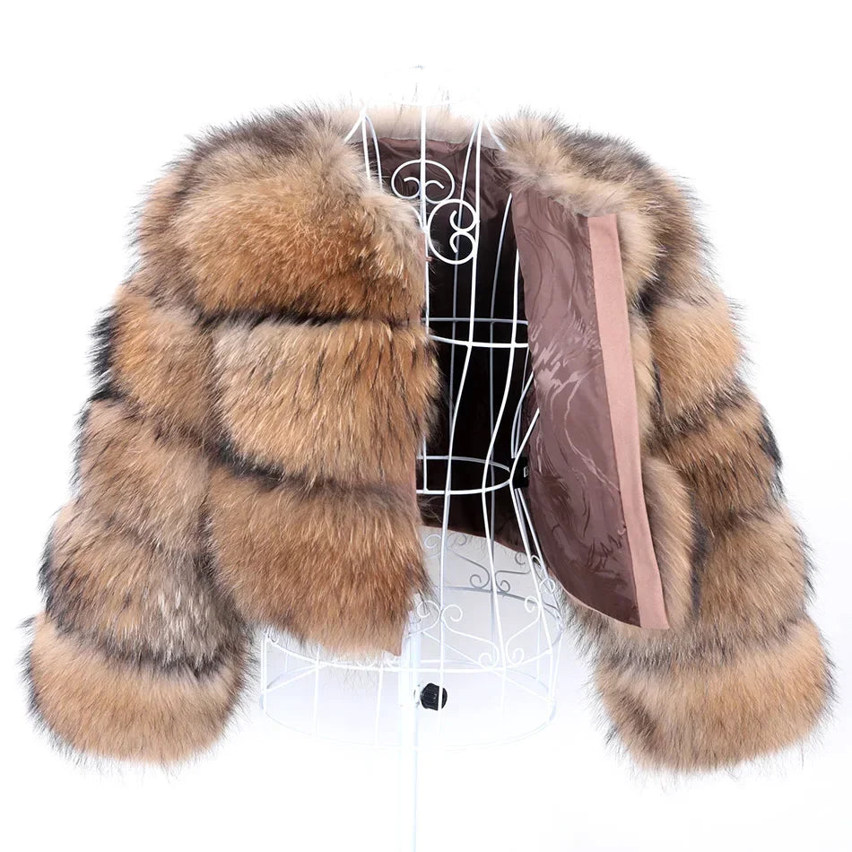 2025 Maomaokong Real Fur Coat Women Natural Raccoon Fur Jacket Female Winter Warm Fox Fur Coat High Quality Long Sleeve With Hat