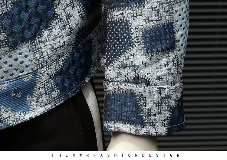 High Quality Men's Fashion Casual Jacket Button Lapel Work Coat Jacquard pattern Plaid Tops Men Jackets