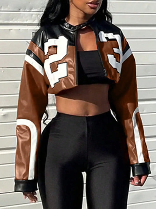 2025 Women's Faux Leather Jacket Short Red Coat Zipper Bomber Jacket  Tops Casual Outfit