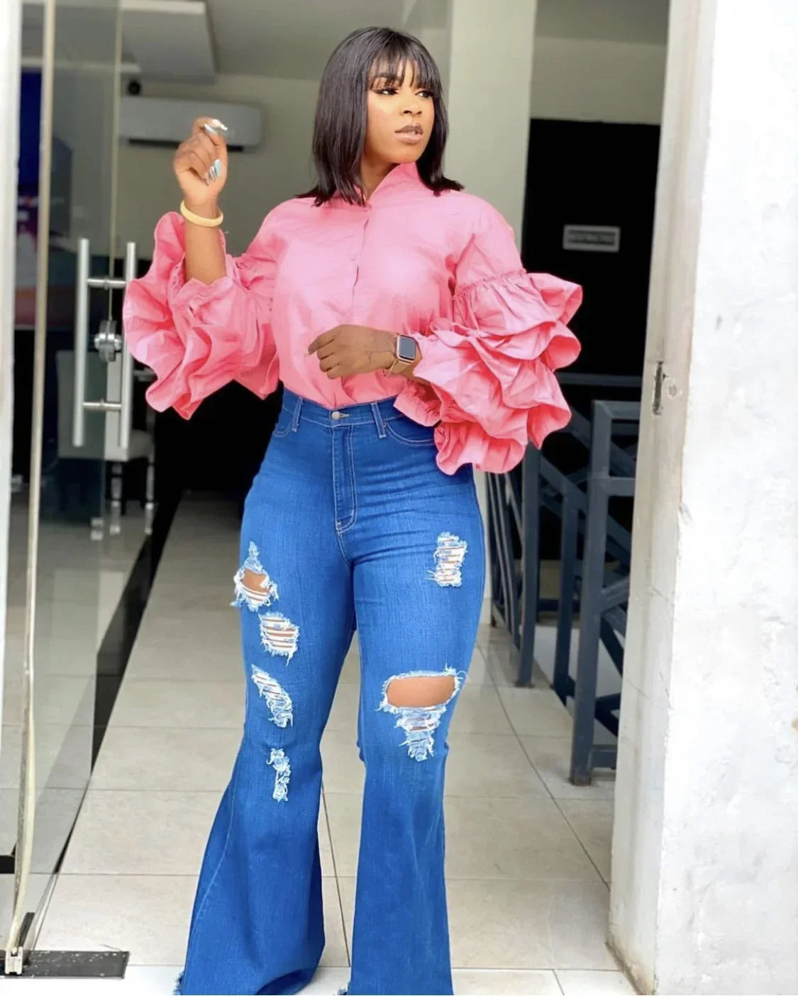 Women Shirts Solid Full Ruffles Sleeve Turn-down Collar Single Breasted Loose Shirts Office Lady Streetwear Summer Tops