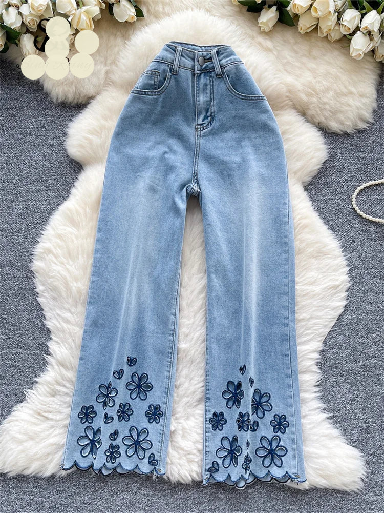 SINGREINY American Retro Denim Pants Female Zipper Buttons Design Wide Legs Trousers 2025 Fashion Embroidery Flower Solid Jeans
