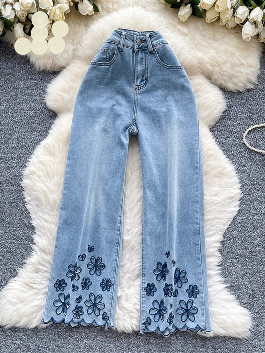SINGREINY American Retro Denim Pants Female Zipper Buttons Design Wide Legs Trousers 2025 Fashion Embroidery Flower Solid Jeans