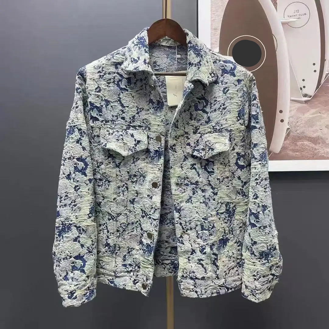 Spring new floral jacquard top ripped denim wash jacket for men and women couples loose fringe dark print jacket