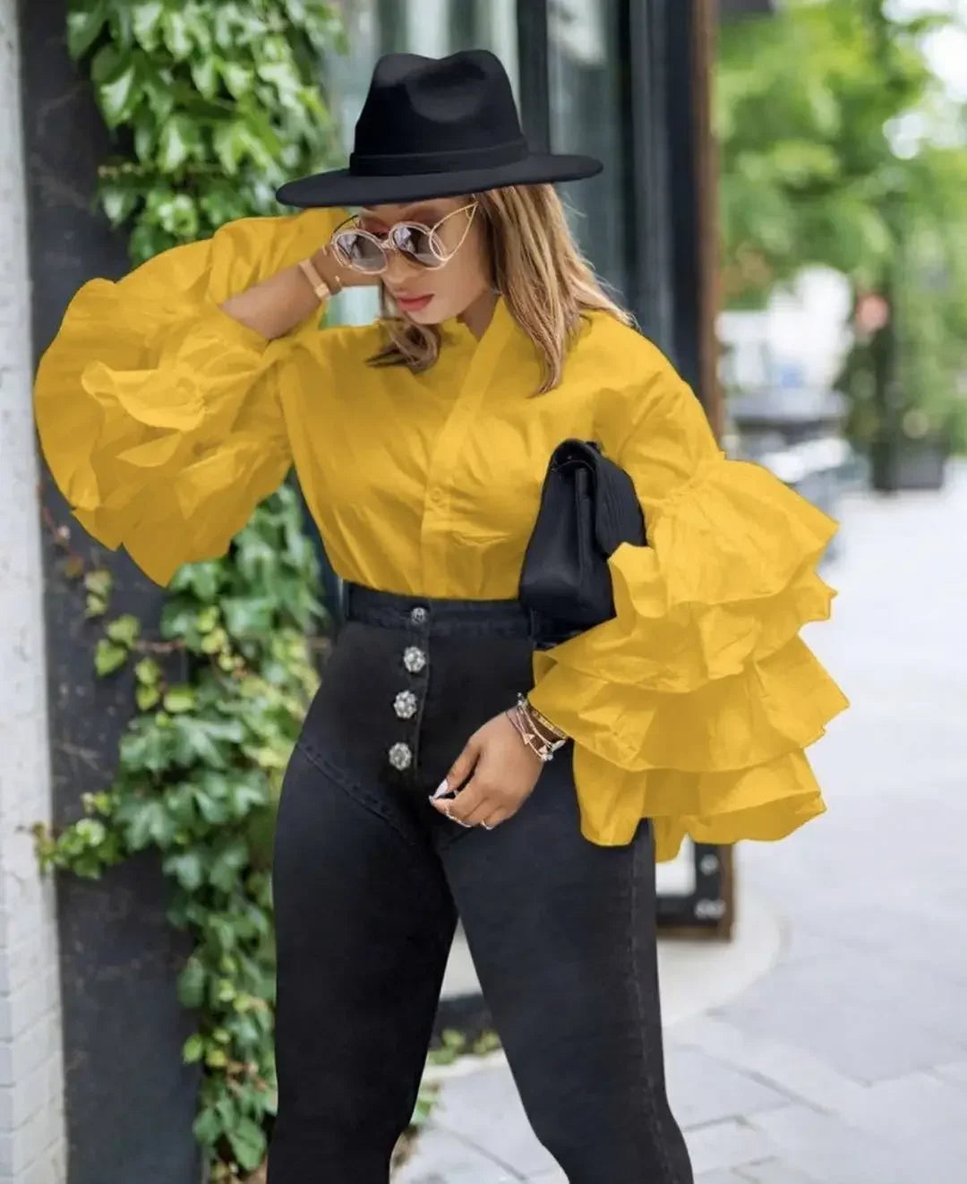 Women Shirts Solid Full Ruffles Sleeve Turn-down Collar Single Breasted Loose Shirts Office Lady Streetwear Summer Tops