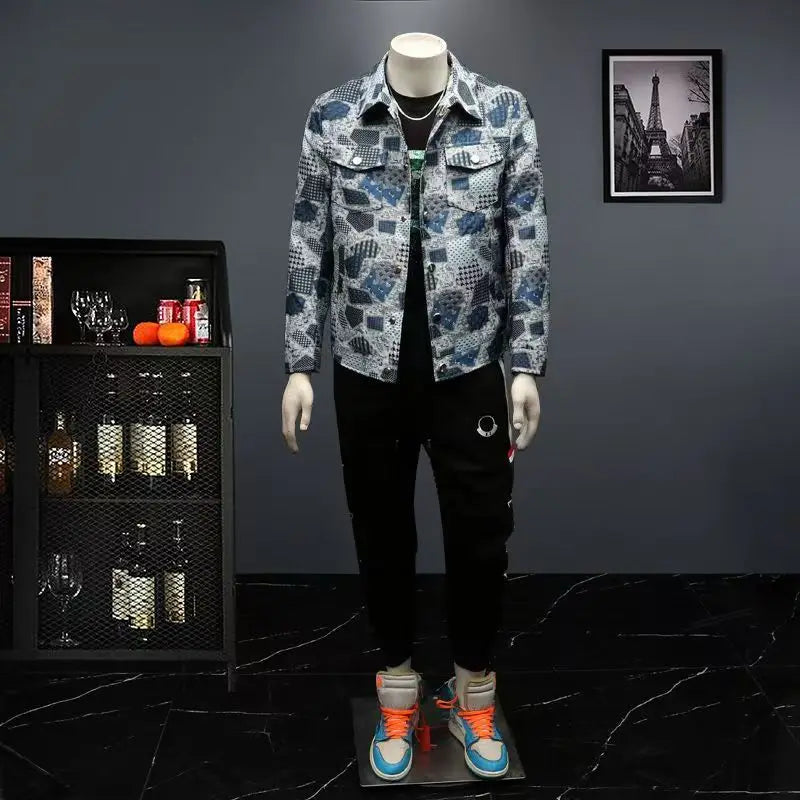 High Quality Men's Fashion Casual Jacket Button Lapel Work Coat Jacquard pattern Plaid Tops Men Jackets
