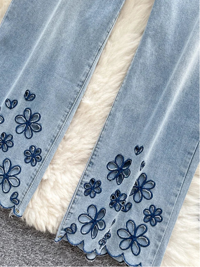 SINGREINY American Retro Denim Pants Female Zipper Buttons Design Wide Legs Trousers 2025 Fashion Embroidery Flower Solid Jeans