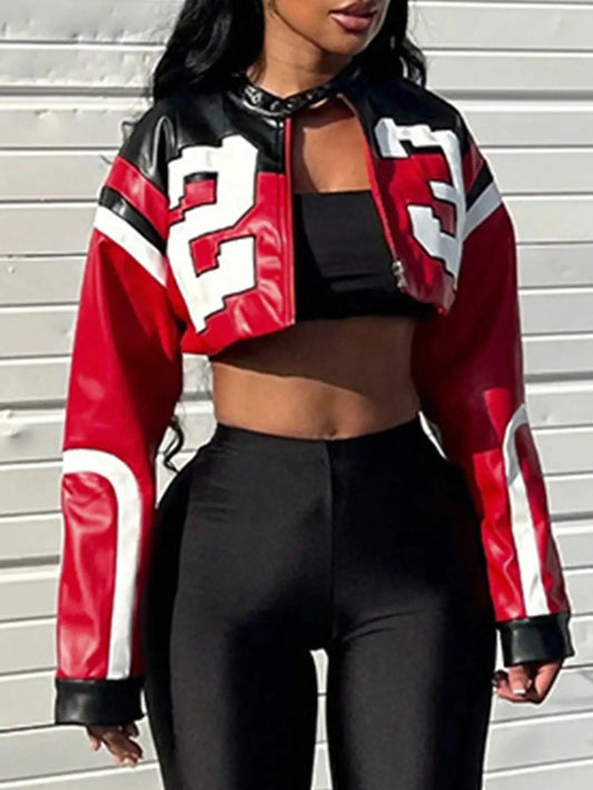 2025 Women's Faux Leather Jacket Short Red Coat Zipper Bomber Jacket  Tops Casual Outfit