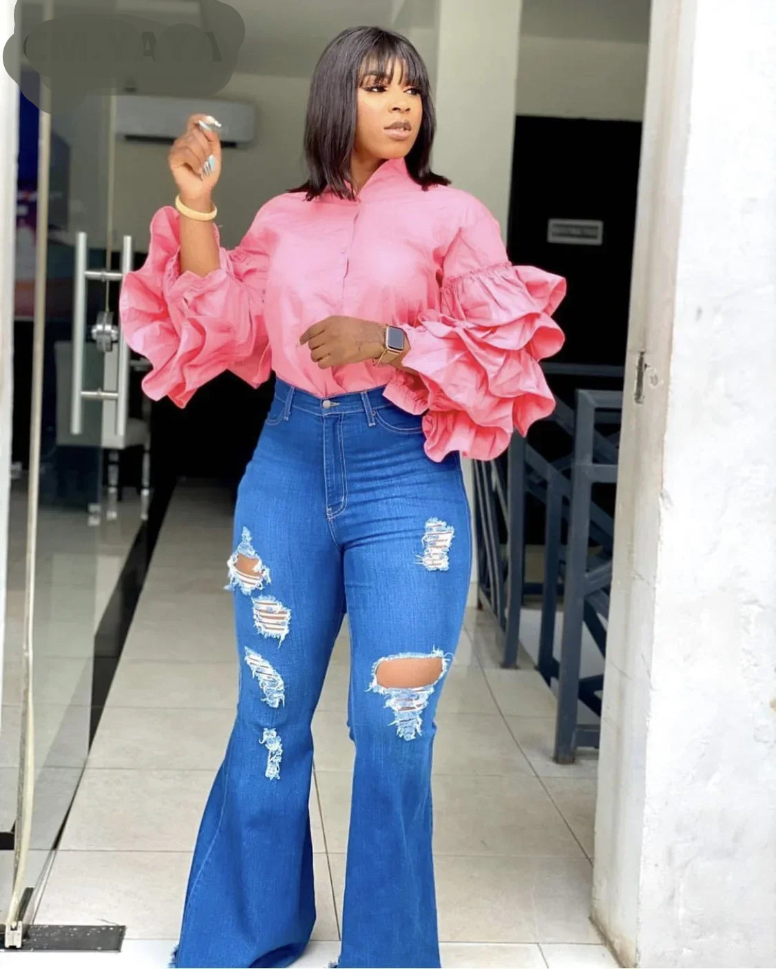 Women Shirts Solid Full Ruffles Sleeve Turn-down Collar Single Breasted Loose Shirts Office Lady Streetwear Summer Tops