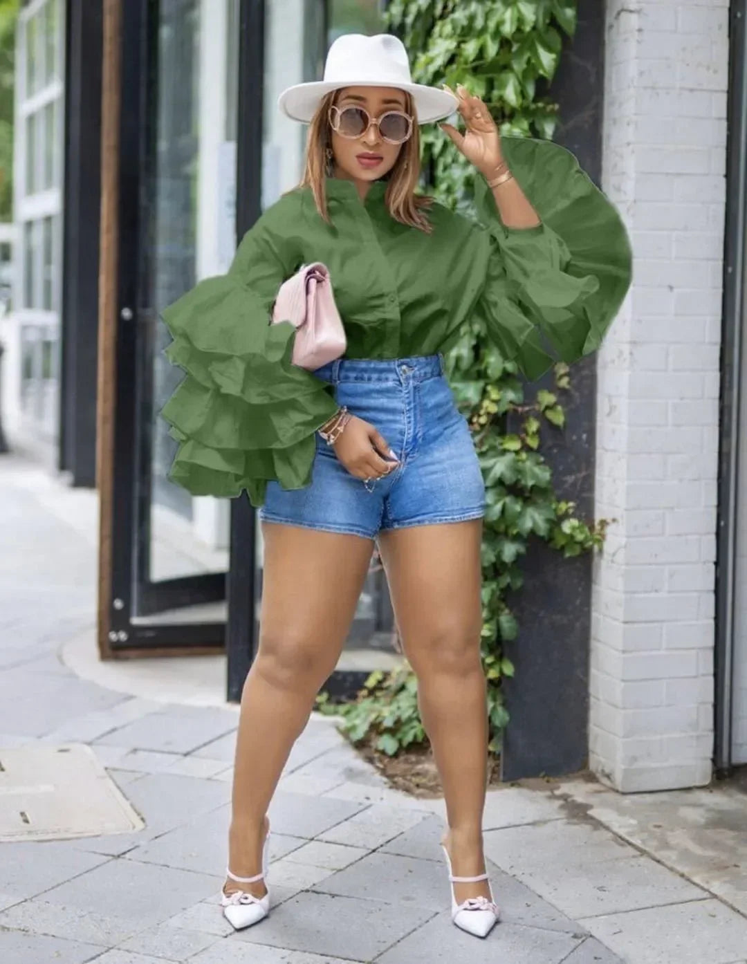 Women Shirts Solid Full Ruffles Sleeve Turn-down Collar Single Breasted Loose Shirts Office Lady Streetwear Summer Tops