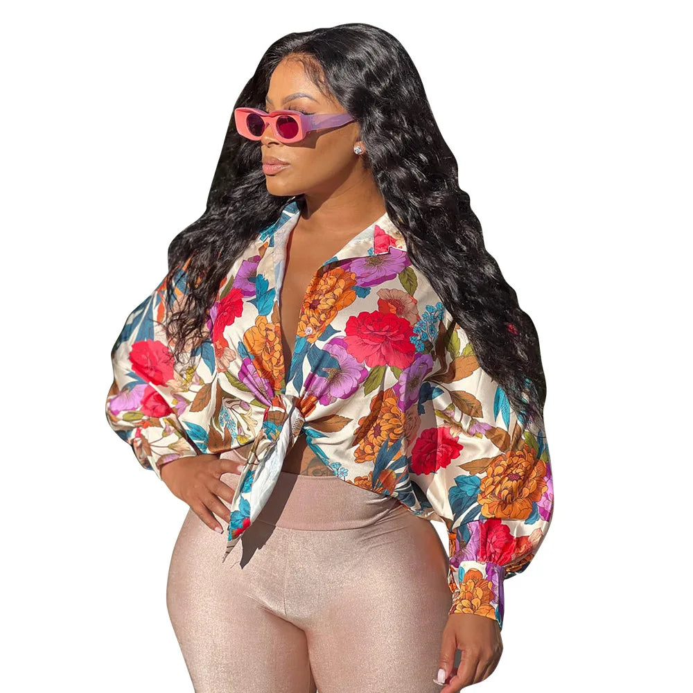 Women Silk Printed Casual Shirt Top Women Lantern Long Blouse Female Clothes