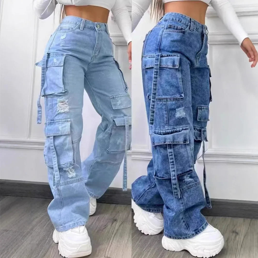 Denim High Waist Multi Pocket Loose Women's Jeans