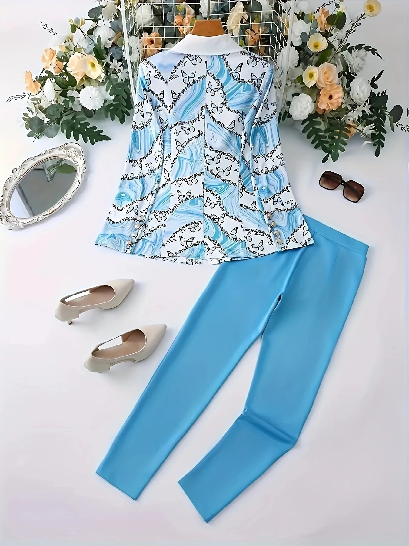 Elegant Butterfly Print Two-Piece Set, Long-Sleeved Lapel Suit Jacket and Slim-Fit Pants, Suitable for Office and Work