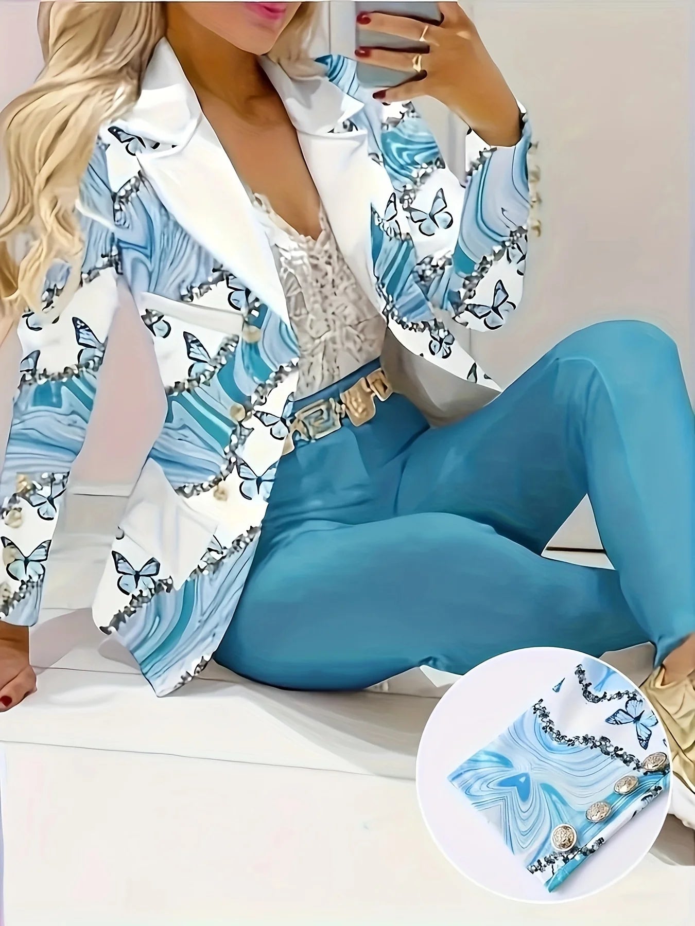 Elegant Butterfly Print Two-Piece Set, Long-Sleeved Lapel Suit Jacket and Slim-Fit Pants, Suitable for Office and Work