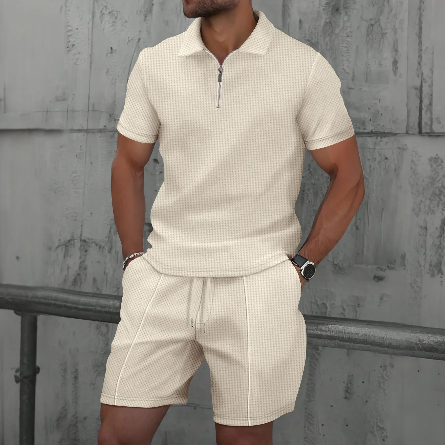 Men Sports Polo Suit Short Sleeve Stylish Zipper