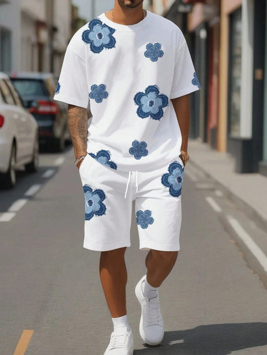 Black and White Flower Graphic Print T-shirt Shorts 2-piece Set