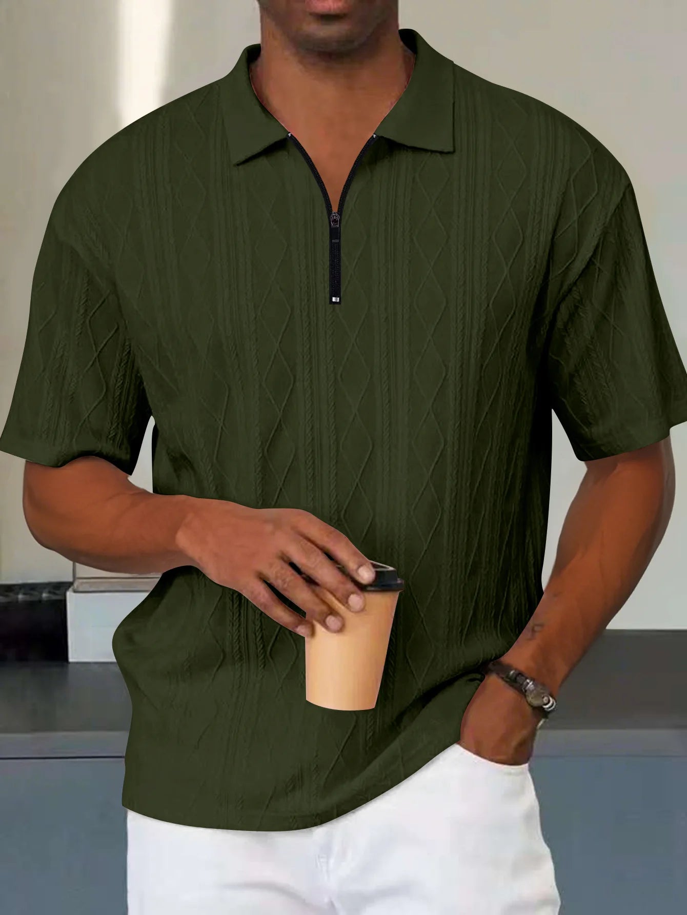 fashionable textured line solid color jacquard short-sleeved POLO shirt, daily casual lapel zipper tops