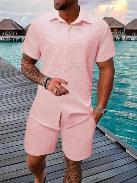 2025 New Summer Men's casual daily outdoor travel solid color jacquard lapel short-sleeved Shirt drawstring Shorts two-piece Set