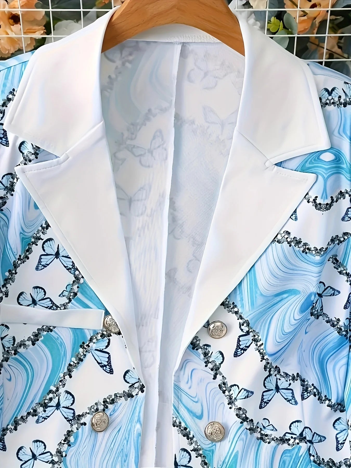 Elegant Butterfly Print Two-Piece Set, Long-Sleeved Lapel Suit Jacket and Slim-Fit Pants, Suitable for Office and Work