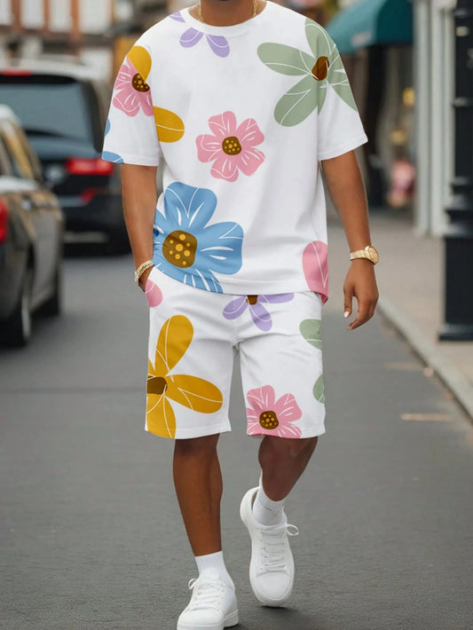 Black and White Flower Graphic Print T-shirt Shorts 2-piece Set