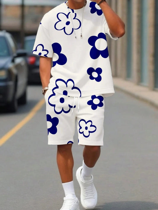 Black and White Flower Graphic Print T-shirt Shorts 2-piece Set