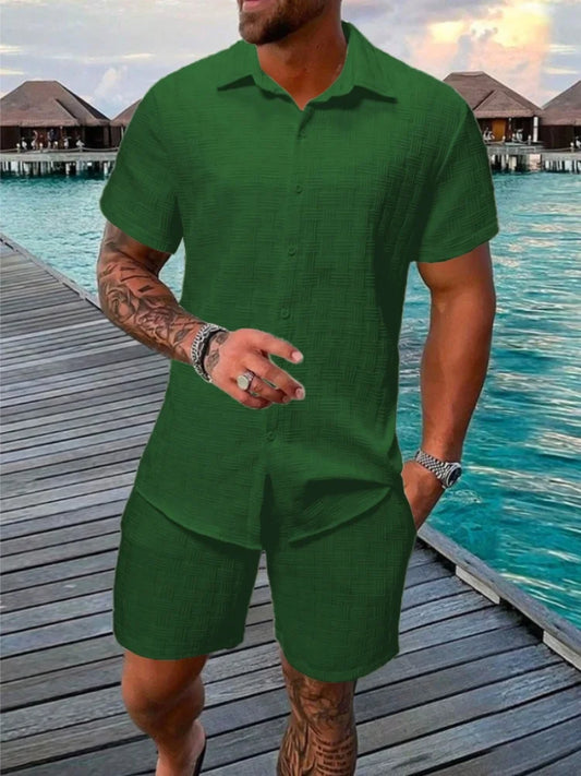 2025 New Summer Men's casual daily outdoor travel solid color jacquard lapel short-sleeved Shirt drawstring Shorts two-piece Set
