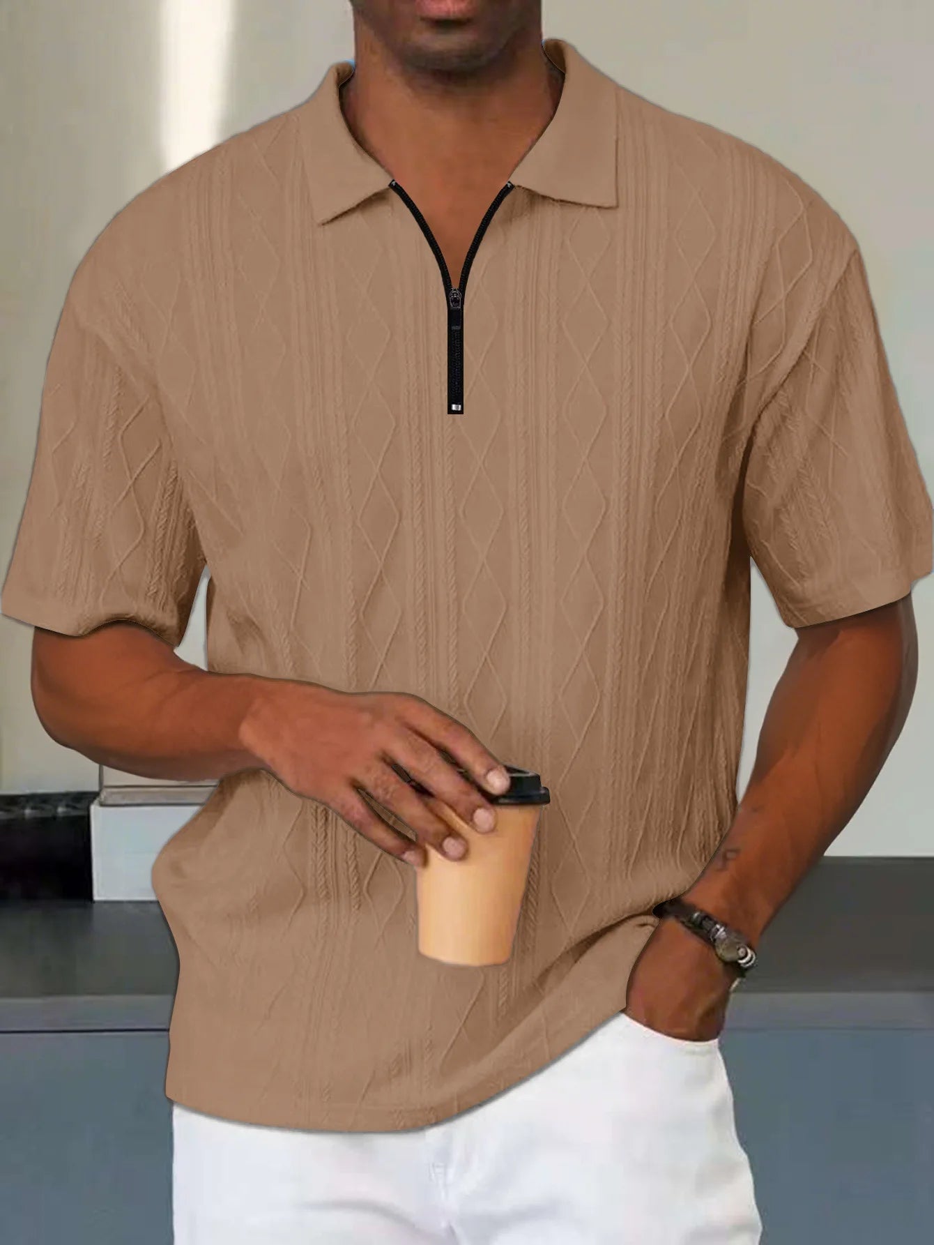 fashionable textured line solid color jacquard short-sleeved POLO shirt, daily casual lapel zipper tops