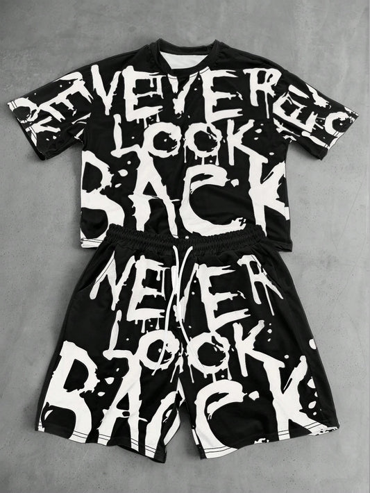 Black and White Flower Graphic Print T-shirt Shorts 2-piece Set