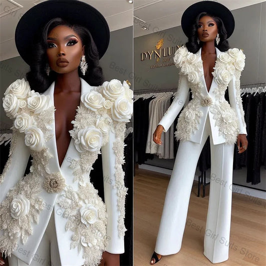 2 Pcs Blazer+Pants Trousers 3D Flower Beaded