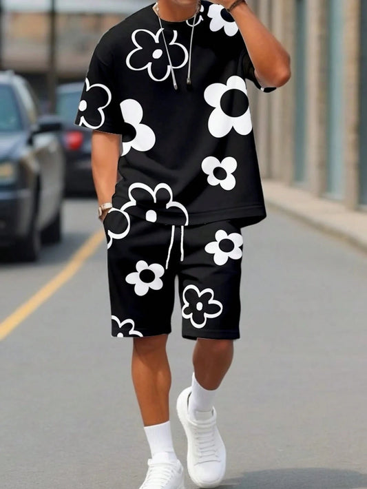 Black and White Flower Graphic Print T-shirt Shorts 2-piece Set