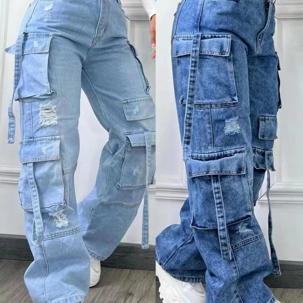 Denim High Waist Multi Pocket Loose Women's Jeans
