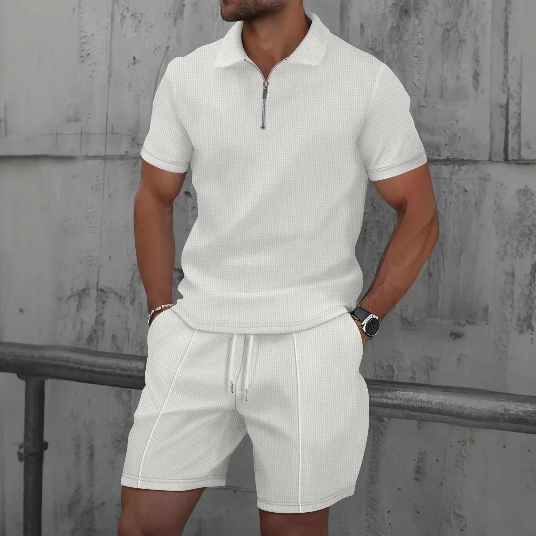 Men Sports Polo Suit Short Sleeve Stylish Zipper